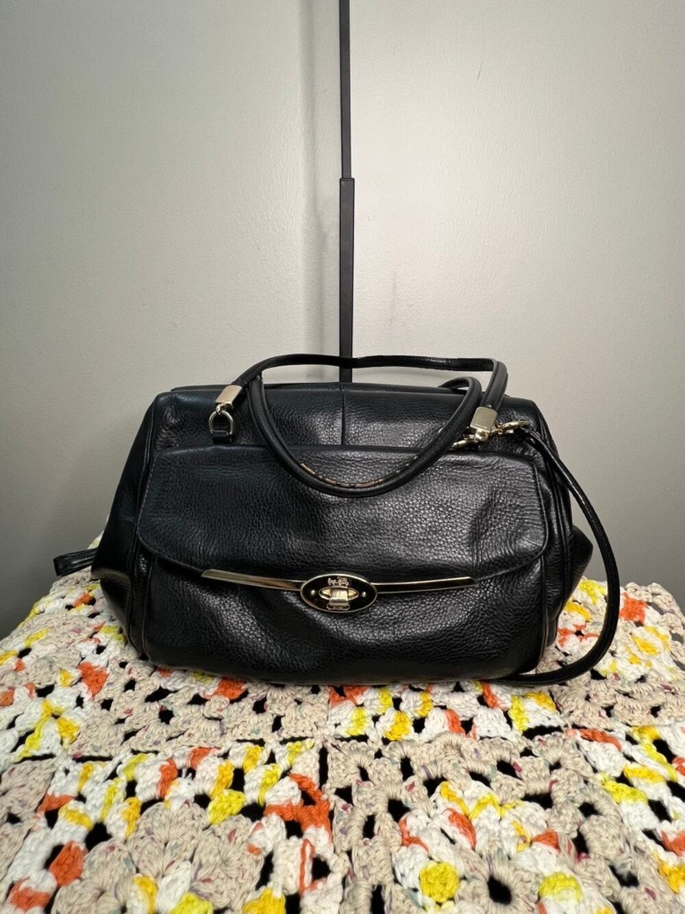 Coach Madison Madeline Black Pebbled Leather East West Satchel Shoulder Bag